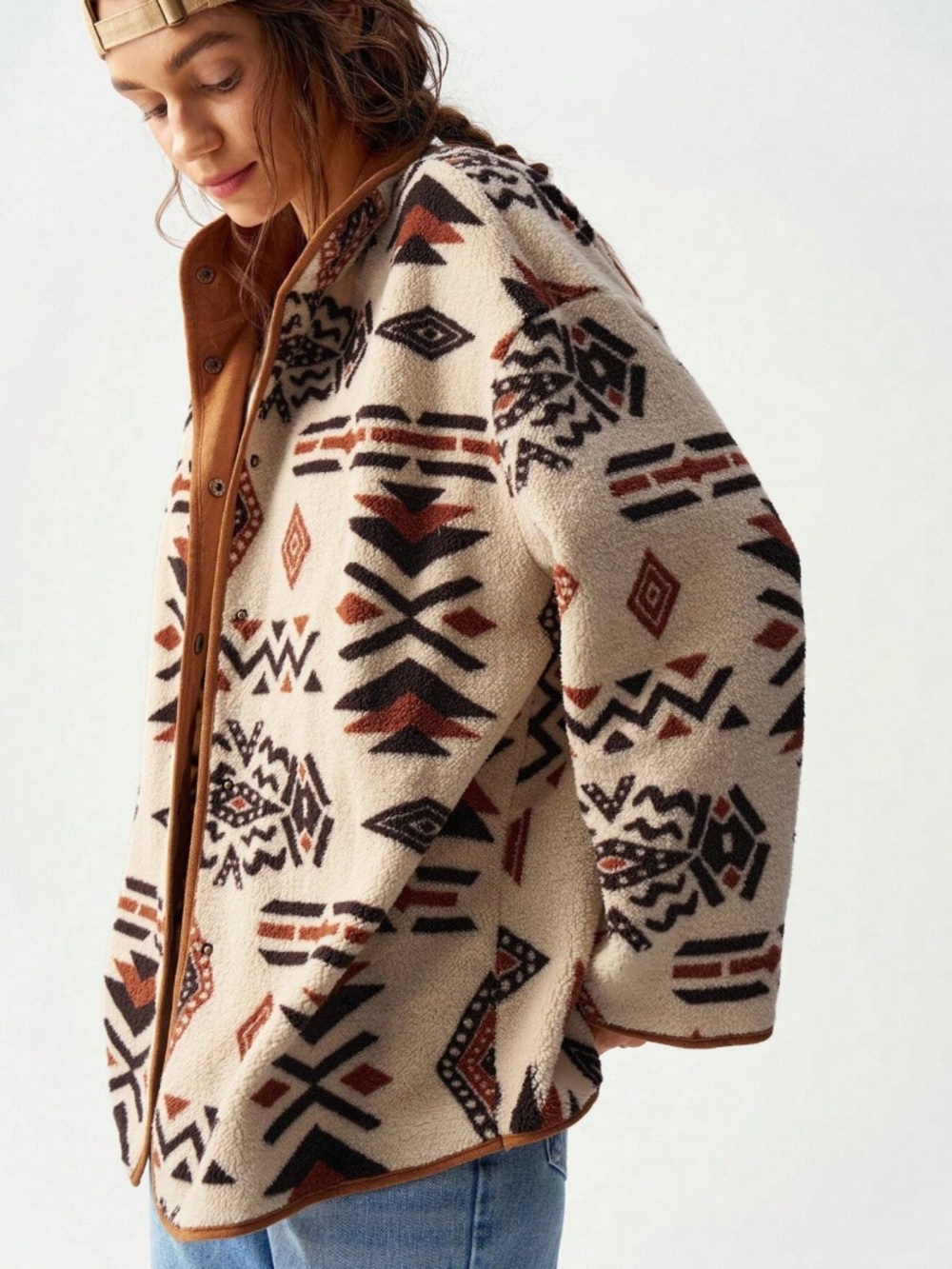 Bohemian Aztec Print Fleece Jacket in Beige
